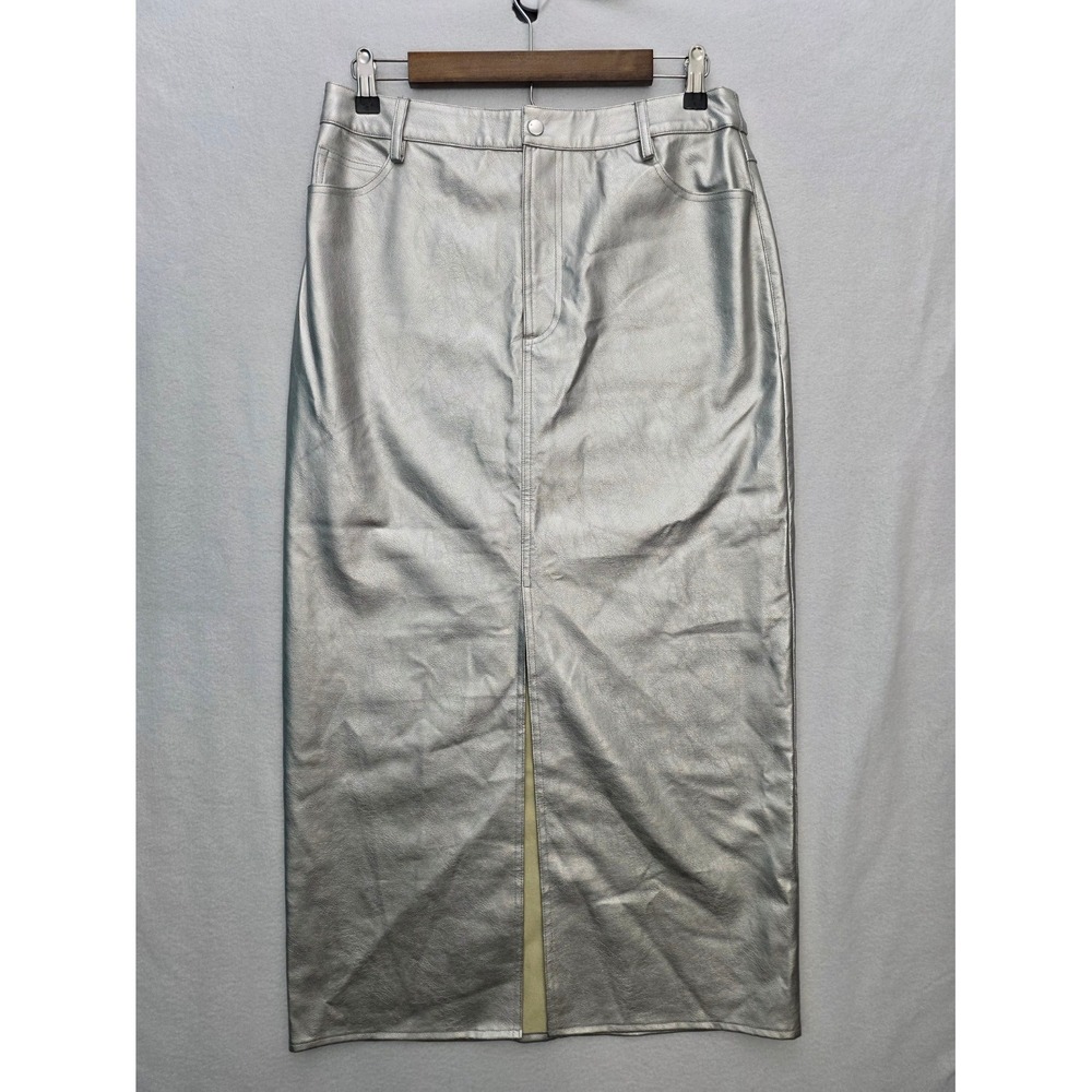 WAYF Metallic Silver Faux Leather Midi Skirt M Front Slit High Rise Cyber Y2K